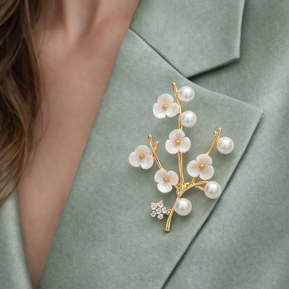 Cherry Blossom Gold Pearl Floral Brooch